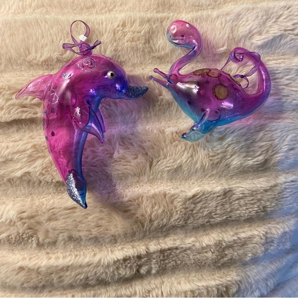 Pier 1 imports Pink and Purple blown glass Dolphin and Whale ornaments